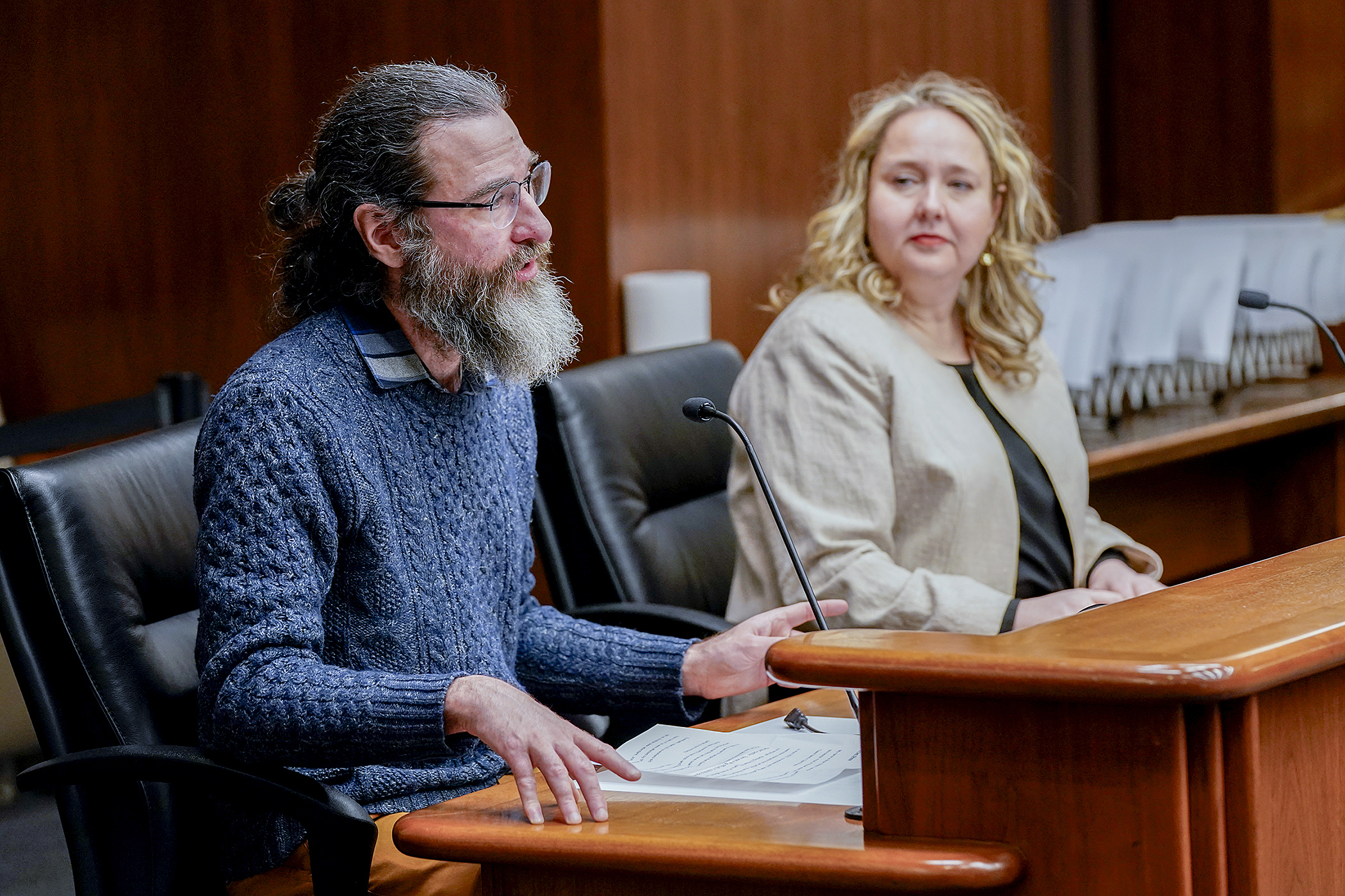 Brian Shea, a former residential property management employee, testifies March 5 before the House judiciary committee in support of a Rep. Emma Greenman's bill to prohibit restrictive employment covenants in service contracts. (Photo by Michele Jokinen)